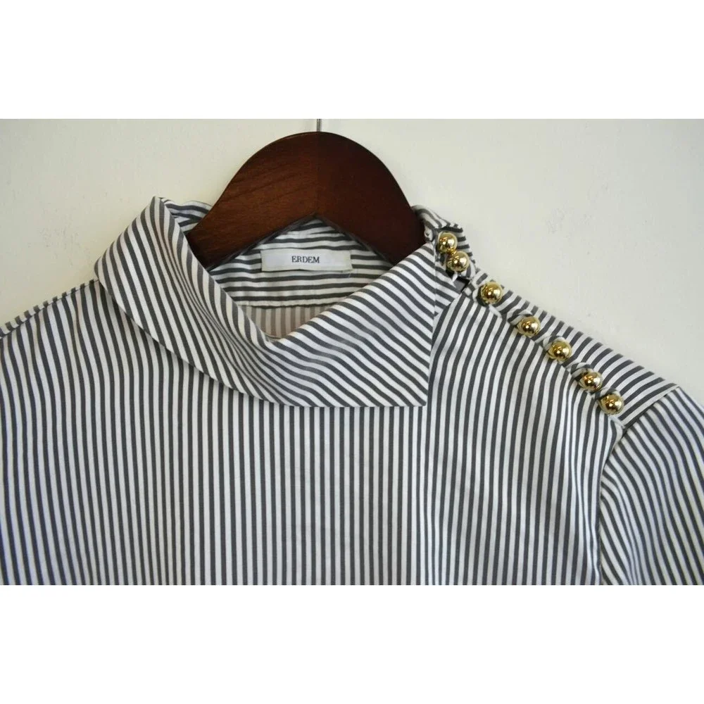 ERDEM Grey White Gold Cuff Link FLORINN Pin-Stripe Satin Blouse 6 US 10 42 38 36 - Picture 10 of 12